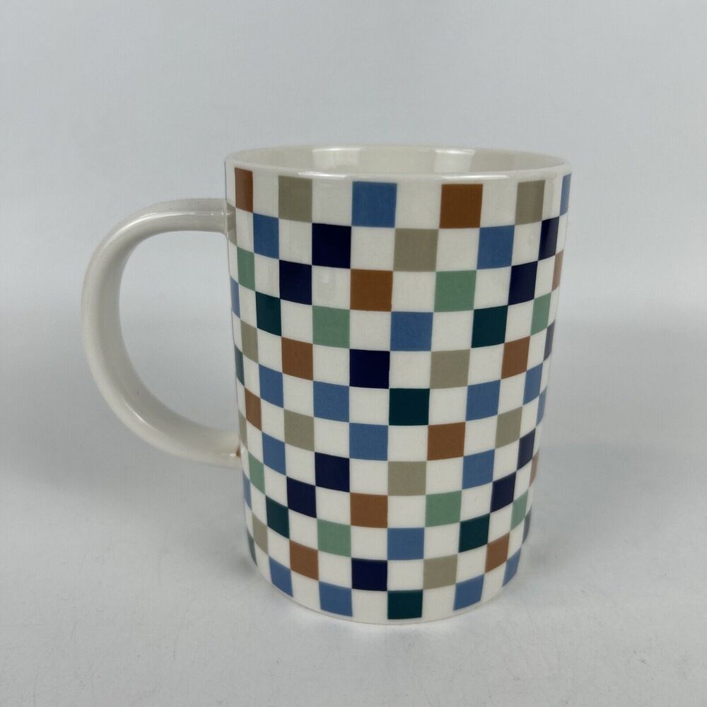 Room Essentials Mug White Checkered Stoneware Coffee 16 oz New‎